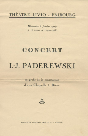 Programme du récital Chopin donné par Paderewski le 6 janvier 1929 au Théâtre Livio de Fribourg au profit de la construction d'une Chapelle à Bière