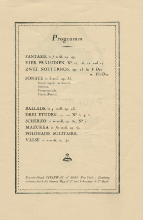 Libretto du «Chopin-Abend» [soirée Chopin] donné par Paderewski le 2 mai 1929 dans la Grosser Musiksaal du Stadt-Casino de Bâle