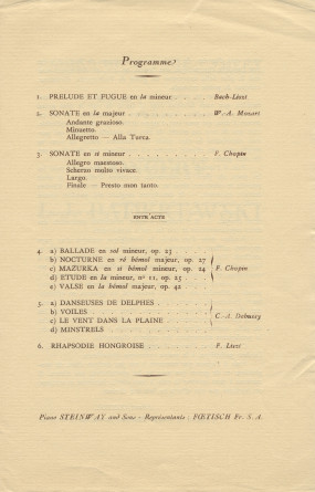 Libretto, billets et avertissement pour le récital donné par Paderewski le 9 novembre 1932 au Casino du Rivage de Vevey au profit de l'Œuvre de secours aux chômeurs de la ville de Vevey (a-e)