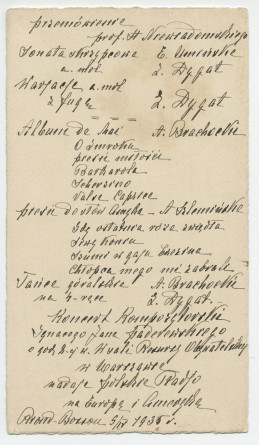 Programme (manuscrit en polonais) du récital-anniversaire «1885-1935» donné le 9 avril 1935 à Riond-Bosson