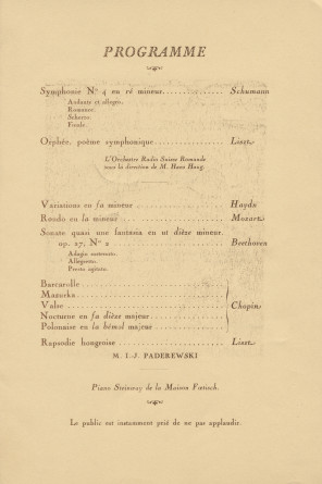 Programme du concert donné par Paderewski le 18 février 1937 à la Cathédrale de Lausanne – avec reproduction (journal) de l'allocution de Mgr prononcée à l'issue du concert