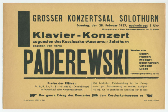 Programme du récital donné par Paderewski le 28 février 1937 au Grosser Konzertsaal de Soleure, sous le patronage du président de la Confédération Giuseppe Motta, au profit du Musée Kosciuszko de Soleure – Avec affichette et 2 billets d'entrée