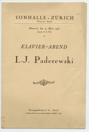 Programme du récital donné par Paderewski le 17 mars 1937 au Grosser Saal de la Tonhalle de Zurich