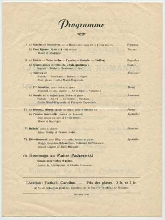 Programme du «concert annuel des compositeurs romands» donné le 27 juin 1938 à la Maison du Peuple à Lausanne, avec «hommage au Maître Paderewski» par André de Ribaupierre et Charles Lassueur