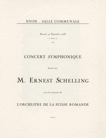 Libretto du concert donné le 24 septembre 1938 à la Salle communale de Nyon, au profit de l'Hôpital de Nyon, par le pianiste Ernest Schelling et l'Orchestre de la Suisse Romande, avec au programme notamment la «Fantaisie polonaise» de Pad.
