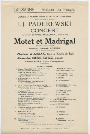 Programme du concert donné le 7 mars 1940 à la Maison du Peuple à Lausanne, sous le patronage du «Président I. J. Paderewski» en faveur de «Pro Polonia», par l'ensemble vocal a cappella «Motet et Madrigal» (dirigé par Henryk Opienski)