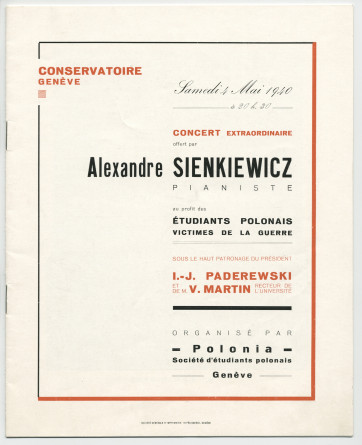 Libretto du concert extraordinaire offert par le pianiste Alexandre Sienkiewicz le 4 mai 1940 au Conservatoire de Genève, au profit des étudiants polonais victimes de la guerre, sous la haut patronage du «Président I. J. Paderewski» et de M. V. Martin, rec