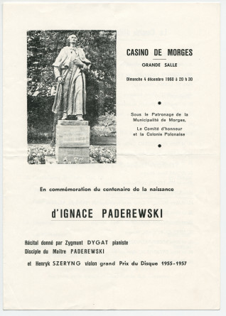 Programme du récital donné le 4 décembre 1960 à la Grande salle du Casino de Morges par le pianiste Zygmunt Dygat et le violoniste Henryk Szeryng en commémoration du centenaire de la naissance de Paderewski