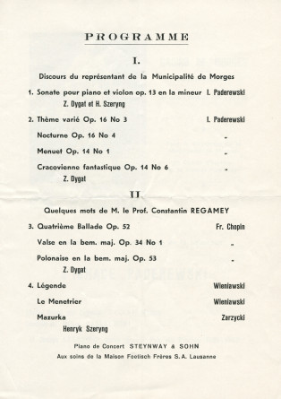Programme du récital donné le 4 décembre 1960 à la Grande salle du Casino de Morges par le pianiste Zygmunt Dygat et le violoniste Henryk Szeryng en commémoration du centenaire de la naissance de Paderewski