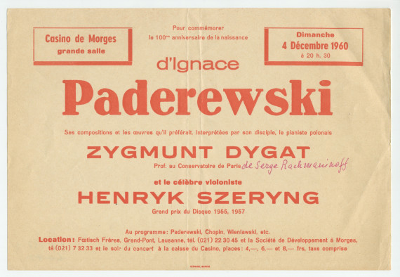 Programme et affichette du récital donné le 4 décembre 1960 à la Grande salle du Casino de Morges par le pianiste Zygmunt Dygat et le violoniste Henryk Szeryng en commémoration du centenaire de la naissance de Paderewski