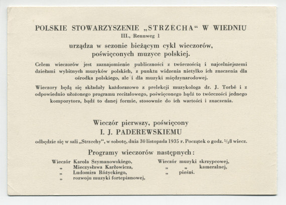 Programme (en polonais) de la soirée de musique polonaise dédiée à Paderewski organisée le 30 novembre 1935 au Rennweg 1 à Vienne (III) par «Strezecha», l'Association des Polonais d'Autriche