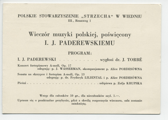 Programme (en polonais) de la soirée de musique polonaise dédiée à Paderewski organisée le 30 novembre 1935 au Rennweg 1 à Vienne (III) par «Strezecha», l'Association des Polonais d'Autriche