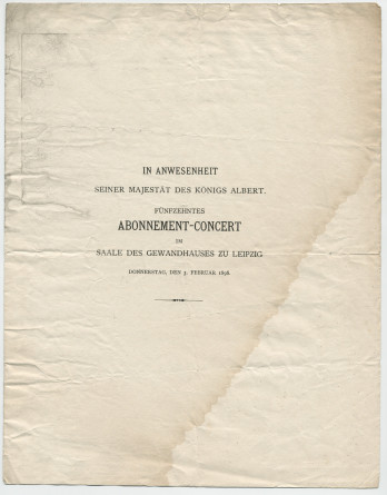 Programme du 15e concert d'abonnement du Gewandhaus de Leipzig donné le 3 février 1898 en présence de Sa Majesté le Roi Albert de Saxe, avec à l'affiche notamment le Concerto n° 2 de Chopin (avec Paderewski en soliste)
