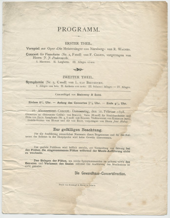 Programme du 15e concert d'abonnement du Gewandhaus de Leipzig donné le 3 février 1898 en présence de Sa Majesté le Roi Albert de Saxe, avec à l'affiche notamment le Concerto n° 2 de Chopin (avec Paderewski en soliste)