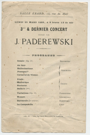 Programme du «3e & dernier concert» donné par Paderewski le 25 mars 1889 Salle Erard, 13 rue du Mail à Paris