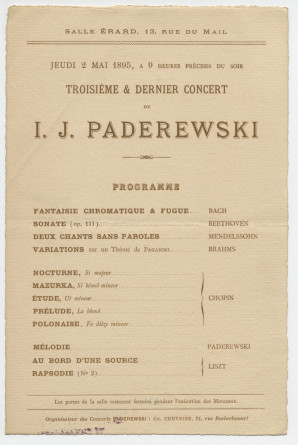 Programme du «troisième & dernier concert» donné par Paderewski le 2 mai 1895 Salle Erard, 13 rue du Mail à Paris