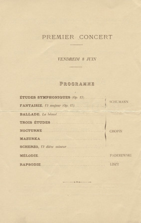 Programme des deux récitals donnés par Paderewski les 8 et 11 juin 1900 Salle Erard, 13 rue du Mail à Paris