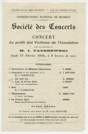 Programme du concert donné le 17 février 1910 à la Grande salle des concerts du Conservatoire de Paris «au profit des victimes de l'inondation» [la crue centennale de la Seine – la plus importante de l'histoire après celle de 1658]