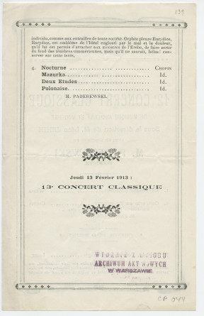 Programme du «12e concert classique de musique ancienne et moderne» de la saison 1912-1913 du Cercle des étrangers de Monte-Carlo donné le 6 février 1913, avec le concours de Paderewski dans le Concerto n° 2 et quatre pièces pour piano seul de Chopin