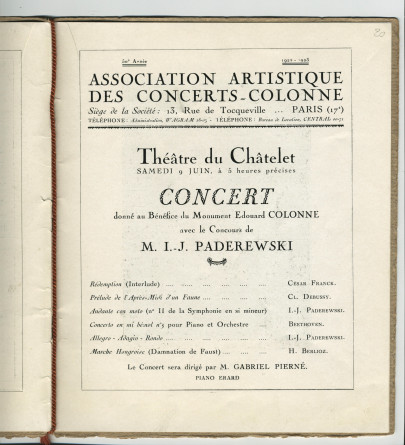 Libretto du concert organisé le 9 juin 1923 au Théâtre du Châtelet à Paris par l'Association des Concerts-Colonne au bénéfice du Monument Edouard Colonne avec le concours de Paderewski dans le Concerto «L'Empereur» de Beethoven (e-l)