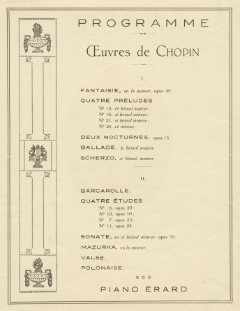 Programme du récital Chopin donné par Paderewski le 14 juin 1923 Salle Erard, 13 rue du Mail à Paris, sous l'égide de l'Ecole Normale de Musique de Paris, au profit de bourses d'études