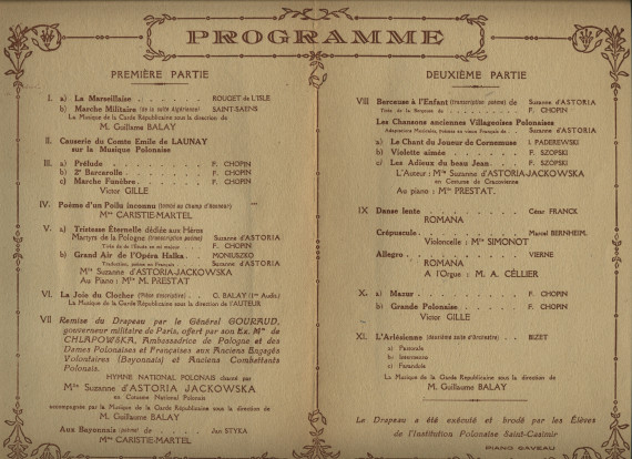 Programme de la «Grande matinée de gala» donnée le 8 mai 1926 à la Salle des concerts de la Maison Gaveau à Paris par l'Union des engagés volontaires bayonnais et anciens combattants polonais en France