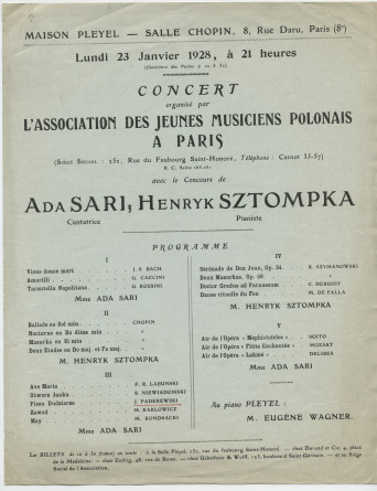 Programme du récital organisé par l'Association des jeunes musiciens polonais à Paris le 23 janvier 1928 à la Salle Chopin de la Maison Pleyel, 8 rue Daru à Paris, avec le concours de la cantatrice Ada Sari et du pianiste Eugène Wagner