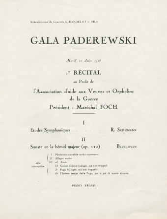 Libretto des trois récitals de gala donnés par Paderewski les 12, 16 et 23 juin 1928 au Théâtre des Champs-Elysées à Paris (f-j)