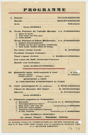 Programme du récital donné le 3 février 1930 à la Salle Chopin de la Maison Pleyel à Paris par la cantatrice Lydia Barblan-Opienska et la pianiste Suzanne Astruc (entre autres musiciens)
