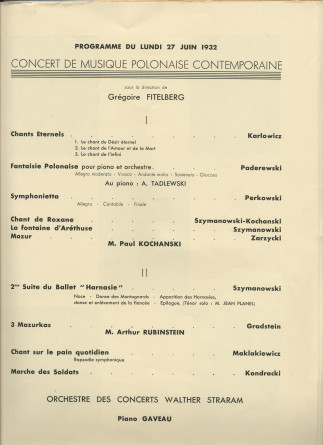 Libretto du Festival de musique polonaise organisé les 25, 27 et 28 juin 1932 au Théâtre des Champs-Elysées à Paris au profit de la Fondation Foch à l'occasion du centenaire de l'arrivée de Chopin en France (h-m)