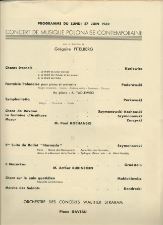 Libretto du Festival de musique polonaise organisé les 25, 27 et 28 juin 1932 au Théâtre des Champs-Elysées à Paris au profit de la Fondation Foch à l'occasion du centenaire de l'arrivée de Chopin en France (h-n)