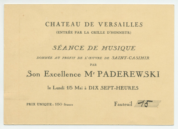 Programme de la séance de musique offerte par Paderewski le 15 mai 1933 dans le grand salon d'Hercule du Palais de Versailles aux bienfaiteurs de l'Œuvre de Saint-Casimir – Avec billet d'entrée et timbre d'annulation daté du 8 mai 1933 au verso