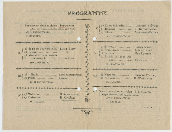 Programme du concert de musique franco-polonaise organisé le 29 mars 1940 à la Salle du Foyer du Théâtre de Colmar par le Comité des Amis de la Pologne de Colmar, avec le concours du violoniste M. Magadur et de la pianiste Hélène Kryzanowska