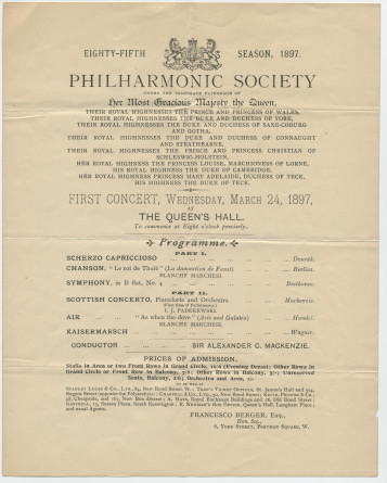 Programme du 1er concert de la 85e saison de la [Royal] Philharmonic Society de Londres donné le 24 mars 1897 au Queen's Hall, avec le concours de Paderewski dans le «Scottish Concerto» [op. 55] de Mackenzie (création mondiale)