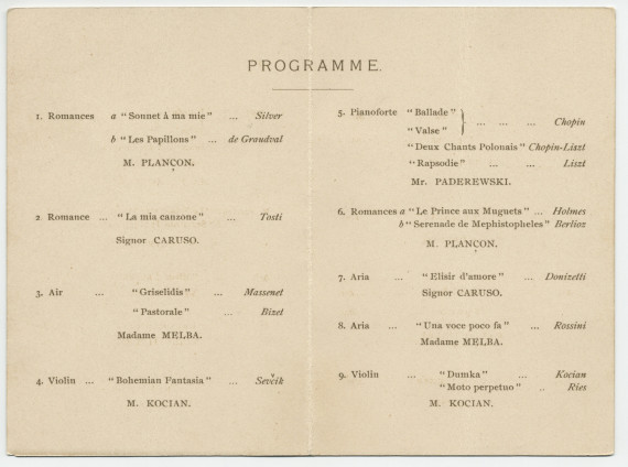 Programme du récital (privé?) donné par Paderewski (entre autres musiciens) le 7 juin 1902 au 18, Carlton House Terrace à Londres, sur invitation (au dos) de Frank Smythson (133, New Bond Street)