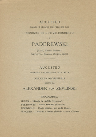 Libretto du récital donné par Paderewski le 14 janvier 1925 au Théâtre Augusteo de l'Académie nationale Sainte-Cécile de Rome