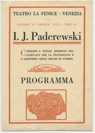 Programme du récital Chopin donné par Paderewski le 27 avril 1925 au Teatro La Fenice de Venise au bénéfice du Comité de protection et d'assistance aux orphelins de guerre