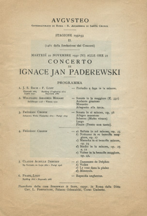 Libretto du récital donné par Paderewski le 22 novembre 1932 au Théâtre Augusteo de l'Académie nationale Sainte-Cécile de Rome