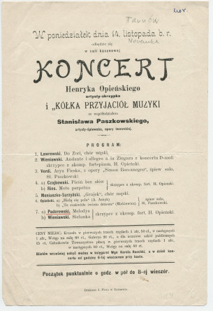 Programme du récital donné le 14 novembre ? à la Sali Kasynowej [Casino] de Tarnów (Pologne) par la cantatrice Stanislawa Paszkowskiego et le pianiste Henryk Opienski, avec au programme notamment des mélodies de Paderewski et Opienski