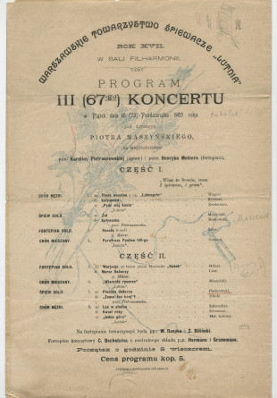 Programme du récital donné le 23 octobre 1903 à la Philharmonie de Varsovie par la cantatrice Karolina Pietraszewska et le pianiste Henryk Melcer, interprètes entre autres de la mélodie «Piosnka dudarza» [Le chant du joueur de cornemuse] op. 18 n° 3 de Pad