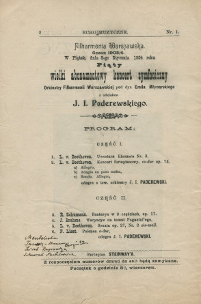 Libretto (en polonais) du concert d'abonnement de l'Orchestre philharmonique de Varsovie donné le 8 janvier 1904 à la Philharmonie de Varsovie sous la direction d'Emil [Szymon] Mlynarski, avec en soliste Paderewski dans le Concerto «L'Empereur»