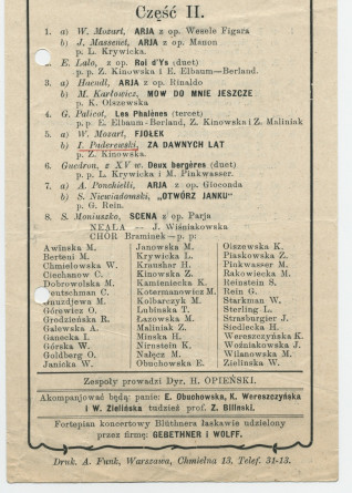 Programme du récital des élèves de l'école de chant de Marie Sobolewska [Marij Sobolewskiej] donné le 16 juin 1909 à l'Hôtel de ville de Varsovie, avec le concours notamment de Z. Kinowska interprète de «Za Dawnych Lat» de Paderewski