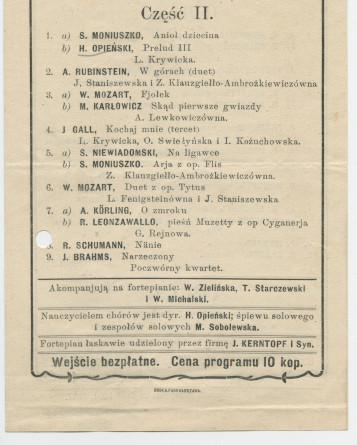 Programme du récital des élèves de l'école de chant de Marie Sobolewska [Marij Sobolewskiej] donné le 19 juin 1911 à la Philharmonie de Varsovie