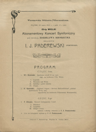 Libretto (en polonais) du concert d'abonnement de l'Orchestre philharmonique de Varsovie donné le 28 mars 1913 à la Philharmonie de Varsovie sous la direction de Zdzislaw Birnbaum, avec en soliste Paderewski dans le Concerto n° 2 de Chopin