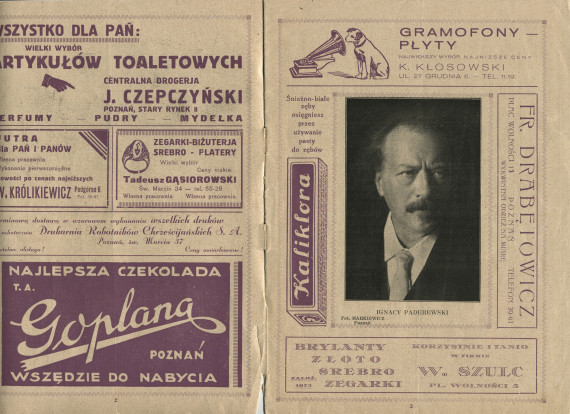 Programme de la représentation de l'opéra «Manru» de Paderewski le 27 septembre 1930 au Teatr Wielki [Grand Théâtre] de Poznan, sous la direction de Zygmunt Wojciechowski, avec Stanislas Drabik en Manru et Marja Bojar-Przemieniecka en Ulana (a-e)