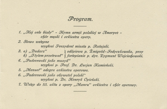 Programme du concert donné le 7 décembre 1930 au Teatrze Wielkim [Grand Théâtre] de Poznan, à l'occasion du 70e anniversaire de Paderewski