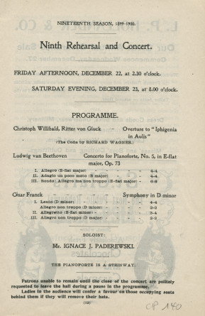 Libretto du 9e «Rehearsal and Concert» (avec entre autres Paderewski en soliste dans le Concerto «L'Empereur») et du récital donné par Paderewski les 22, 23 et 27 décembre 1899 au Music Hall de Boston