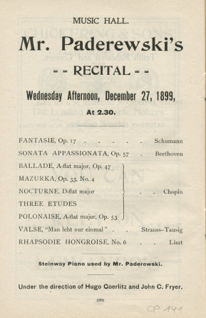 Libretto du 9e «Rehearsal and Concert» (avec entre autres Paderewski en soliste dans le Concerto «L'Empereur») et du récital donné par Paderewski les 22, 23 et 27 décembre 1899 au Music Hall de Boston