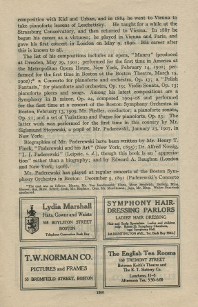 Libretto du 18e concert de la saison 1912-1913 du Boston Symphony Orchestra donné le 13 mars 1913 au Symphony Hall de Boston sous la direction de Karl Muck, avec la participation de Paderewski dans son Concerto pour piano