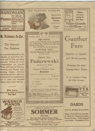 Programme du récital donné par Paderewski au Carnegie Hall de New York le 29 novembre 1913